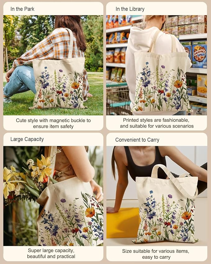 Aesthetic Tote Bag for Women- with Magnetic Buckle and Zipper Inner Pocket Cloth Cotton Canvas Tote Bags
