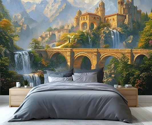 Fantasy Castle Wall Mural, Magical Waterfall Landscape 3D Wall Murals, Royal Palace Wallpaper Mural, for Living Room Bedroom Large Wallpaper Indoor Decor 98.4" W x68.9 H