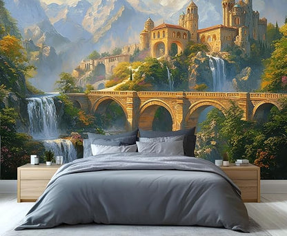 Fantasy Castle Wall Mural, Magical Waterfall Landscape 3D Wall Murals, Royal Palace Wallpaper Mural, for Living Room Bedroom Large Wallpaper Indoor Decor 137.8" W x100 H