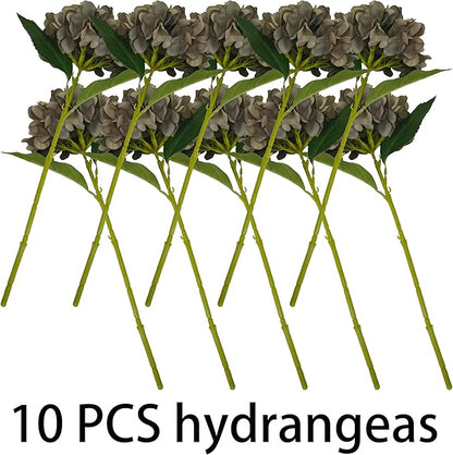 Coffee Hydrangea Artificial Flowers,10 Pcs Faux Coffee Hydrangea Flowers,Artificial Hydrangeas Flowers with Stems,Fake Hydrangeas,Silk Hydrangeas Flowers with Stems for Home Decor