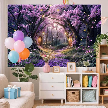 15X10ft Enchanted Forest Backdrop Fairy Tale Purple Wonderland Garden Tree House Floral Butterfly Photography Background for Kids Girl Baby Shower Birthday Party Decoration Banner Booth Props