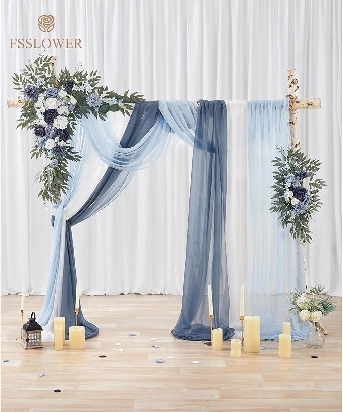 Wedding Arch Flowers with Drapes Kit (Pack of 5) - 2pcs Artificial Dusty Blue Deluxe Swag with 3pcs Sheer Drapes for Wedding Ceremony Backdrop Rose Floral Decoration Arbor Reception