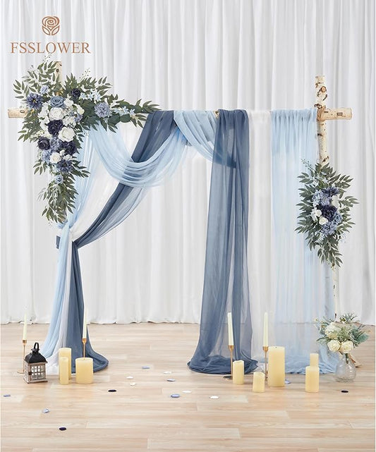 Wedding Arch Flowers with Drapes Kit (Pack of 5) - 2pcs Artificial Dusty Blue Deluxe Swag with 3pcs Sheer Drapes for Wedding Ceremony Backdrop Rose Floral Decoration Arbor Reception