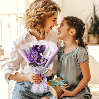 Crochet Flowers Bouquet Gift Christmas Crochet Flower Tulips Completed Handmade Knitted Bouquet with Card for Women Girlfriend Lover Appreciation Gift Birthday Wedding Teacher Decor(Purple)