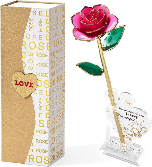 Mikasol Gold Dipped Real 24K Forever Preserved Rose, 1 Pack Infinity Flower Decor Hand Dipped Romantic Gift for Women in Her Wife Girlfriend Birthday Anniversary Valentines Mothers Day Christmas(Pink)