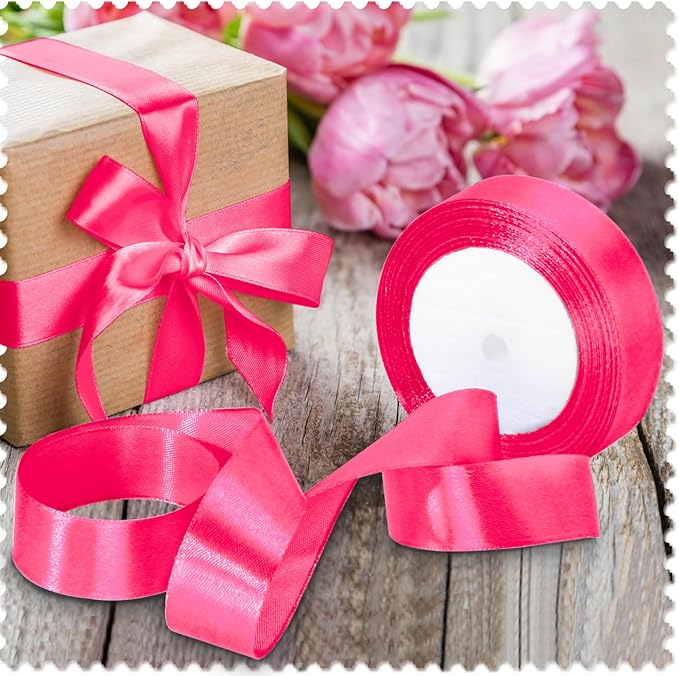 Luomorgo 1 Inch Hot Pink Satin Ribbon, 25 Yards Solid Color Ribbon, Fabric Ribbon for Gift Wrapping, Flower Bouquet, DIY Craft, Sewing, Wedding, Birthday Party Decorations