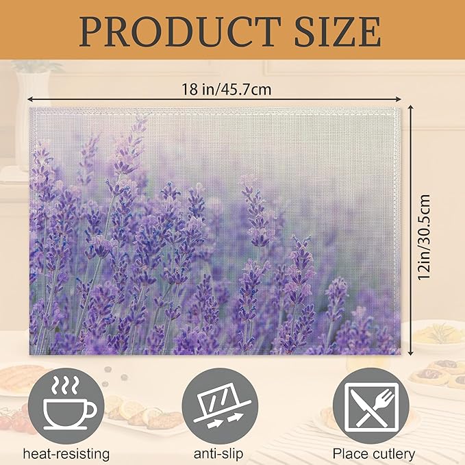Purple Lavender Placemats Set of 6,Washable Heat Resistant 12×18 Inch Linen Table Mats Flower Weed Place Mats for Party Outdoor Dining Décor