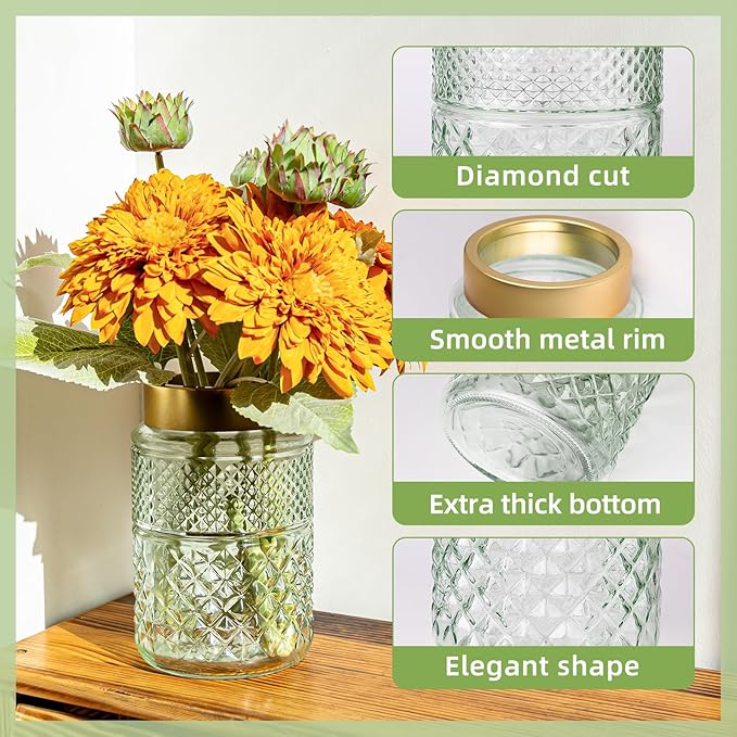 2-Pack Flower Vase Glass, 7.6 inch Green Fluted Vase with Golden Metal Top,Stylish Decorative for Tabletop Centerpiece, Kitchen,Living Room,Bedroom,Bathroom,Office