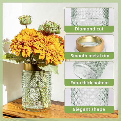 2-Pack Flower Vase Glass, 7.6 inch Green Fluted Vase with Golden Metal Top,Stylish Decorative for Tabletop Centerpiece, Kitchen,Living Room,Bedroom,Bathroom,Office