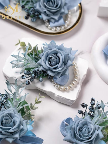 Meldel Dusty Blue Rose Wrist Corsage for Women, Set of 6, Wedding Bridal Corsage Hand Flower Decor for Prom Corsages Party Homecoming, Wristband Flowers for Bride Bridesmaid Girl Mother Wristlet Décor