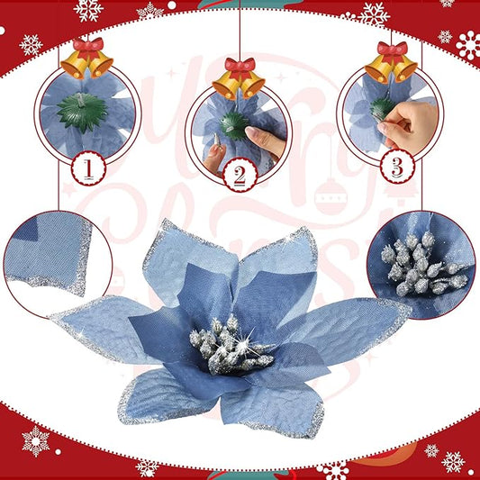 WILLBOND 24 Pcs 3 Size Poinsettia Flower Artificial Christmas Decor Glitter Poinsettia Christmas Ornaments Faux Flowers for Xmas Tree Outdoor(4/6/7.9 Inches,Dusty Blue)