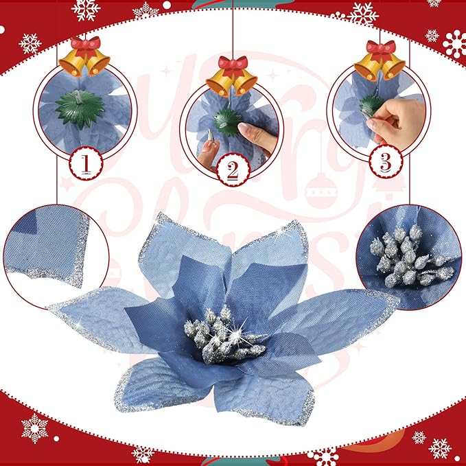 WILLBOND 24 Pcs 3 Size Poinsettia Flower Artificial Christmas Decor Glitter Poinsettia Christmas Ornaments Faux Flowers for Xmas Tree Outdoor(3.2/4/6 Inches,Gray Blue)