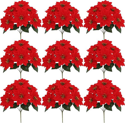 7 PCS Red Silk Poinsettia Flowers with 7 Heads - Artificial Christmas Floral Bouquet for Xmas Party, Winter Holiday Decor, Table Arrangements, Home & Seasonal Displays