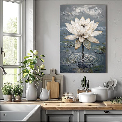 Stunning white lotus emerges from prismatic water with delicate petals background Serene aquatic wall art suitable for modern minimalist decor 16x24in Frameless