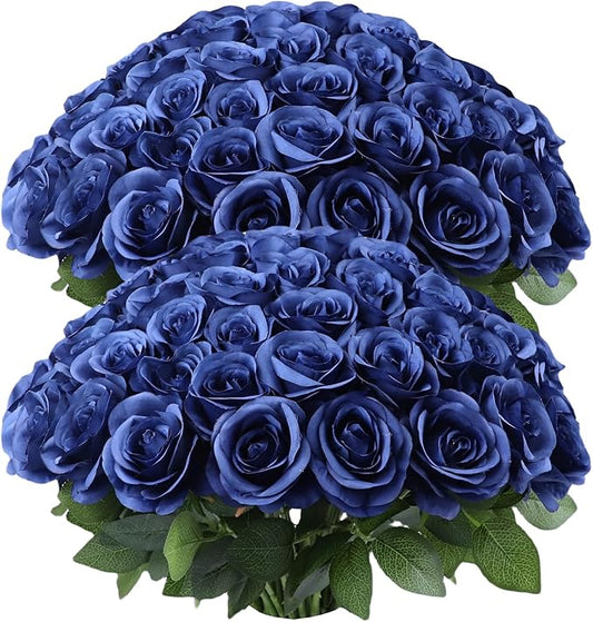 50pcs Roses Artificial Flowers Navy Blue Fake Roses Flowers with Long Stems Silk Flowers for Wedding Bouquet Centerpices Decorations Party Bridal Baby Shower Home Decor