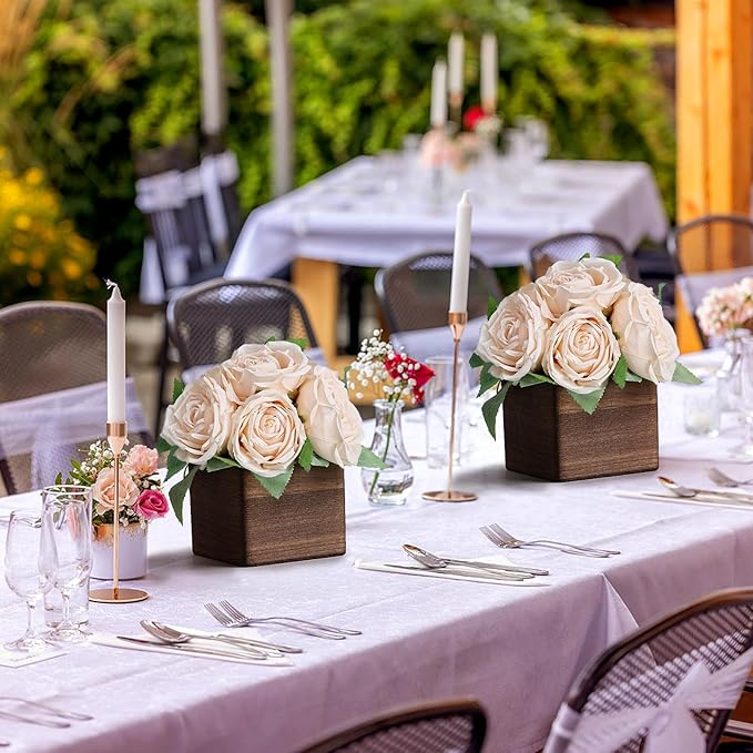 Dining Table Centerpiece Set of 3 - Pre-Made Aritifial Rose with Wooden Vase Fake Floral Arrangment Faux Flower for Wedding Bridal Tea Party Event Decorations - Champagne