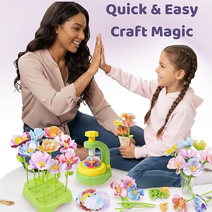 TOMLEON Fabric Flower Bouquet Craft Kit for Girls Ages 3+ – Create Reusable Fabric Flowers with Press Tool & Stems – Endless DIY Bouquets – No Glue, No Sewing – Perfect Creative Gift for Kids