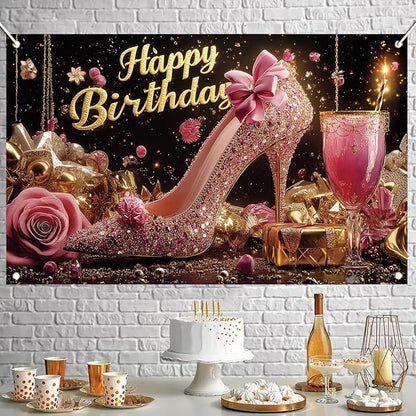 Luxury High Heel Birthday Backdrop Banner Pink Glitter Shoe Photography Background Rose Gold Decor for Women Girls Party Decorations Fashion Booth Studio Props 71 x 43 Inch