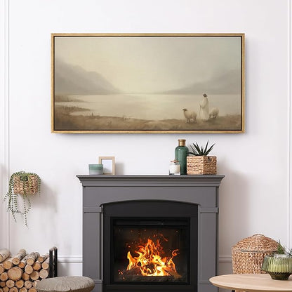 SIGNFORD Extra Large Framed Canvas Print Wall Art Pastoral Scene with Shepherd and Sheep by Lake Illustrations Modern Art Relax/Calm Warm for Living Room, Bedroom, Office - 60"x30"