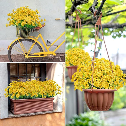 Ouddy Decor 12 Bundles Artificial Flowers for Decorations Fake Silk Plants for Outdoors UV Resistant Faux Plastic Greenery Stems for Garden Porch Window Box Home Spring Decor, Yellow