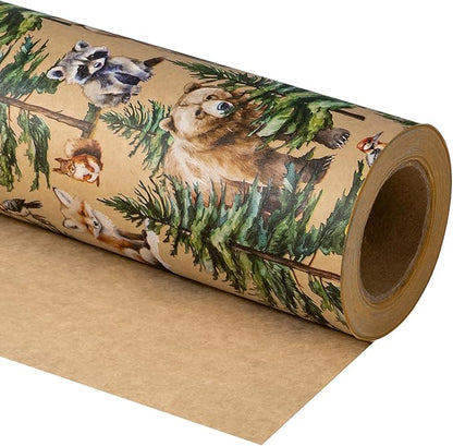 WRAPAHOLIC 30 Inch Kraft Christmas Wrapping Paper - 30 Inch x 33 Feet - Wild Animal Winterfall Watercolor and Christmas Tree Wrapping Paper Perfect for Holiday, Party Celebration