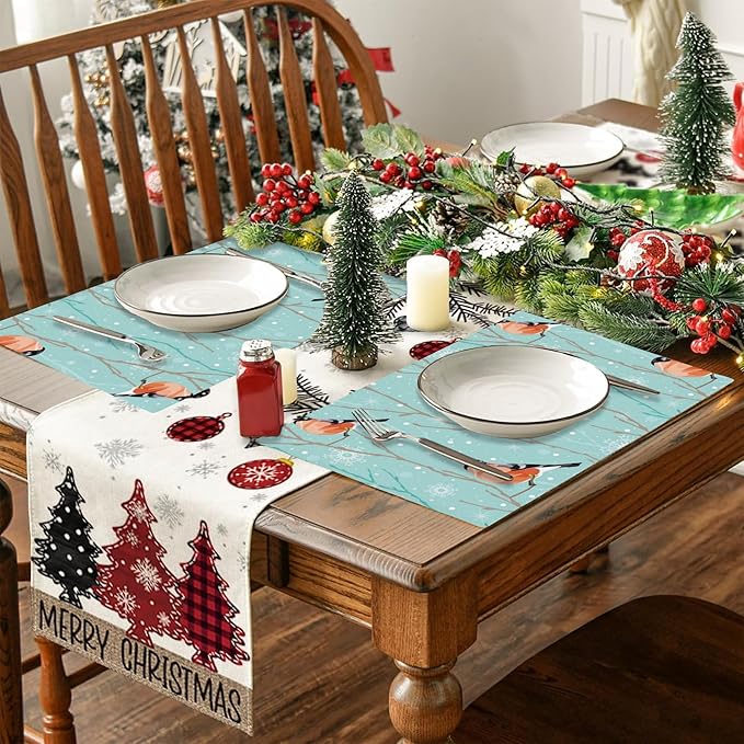 Christmas Snowflakes Placemats Set of 4,Bullfinch Placemats Dining Table Mat Set,12x18 Washable Stain Resistant Wipeable Cloth Placemat for Kitchen Buffet Parties
