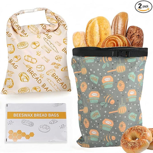 2 Pack XL Beeswax Bread Bags with Zipper Seal – Reusable Cotton Linen Waxed Bread Bags for Homemade Bread, Sourdough Storage, Eco-Friendly Bees Wax Bag Alternative to Plastic (2)