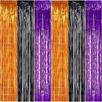 TONIFUL 2Pcs Orange Purple Black Metallic Tinsel Foil Fringe Curtains,3.28ft x 6.56ft Halloween Photo Booth Backdrop Streamer,Photo Props,for Party Door Wall Curtains Wedding Birthday(9.9ft x 6.6ft)