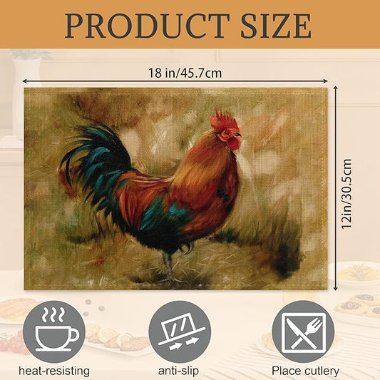 Fall Roosters Placemats Set of 6,Washable Heat Resistant 12×18 Inch Linen Table Mats Farmhouse Animal Place Mats for Party Outdoor Dining Decor
