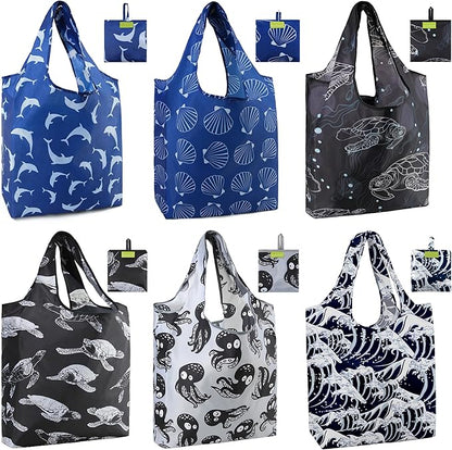 BeeGreen Animal Reusable Grocery Bags 6 Pack, Heavy Duty Totes for Women, Foldable Grocery Bag Large Shopping Totes with Handles for Work, Travel, Gift, Store, Polyester Washable Reusable Tote Bag