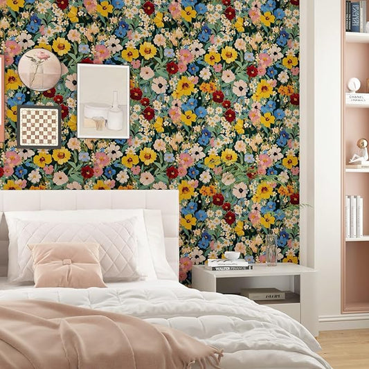 Colorful Floral Peel and Stick Wallpaper Boho Leaf Contact Paper Watercolour Wall Paper for Accent Wall Closet Cabinet Shelf Liner Removable Renter Friendly 17.5 x 393.5In