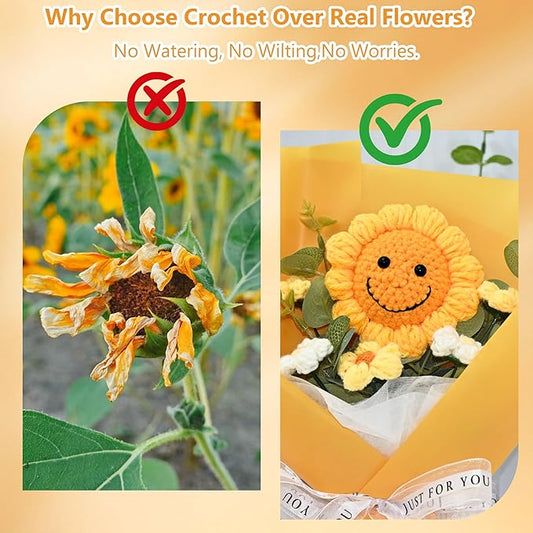 Handmade Crochet Flower Bouquet – Finished Knitted Sunflower & Daisy Flowers, Faux Floral Arrangement, Ready-to-Gift for Mother’s Day, Teachers, Graduation, Birthday, Wedding, Home & Office Décor