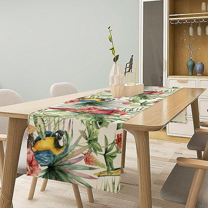 Parrot Table Runner,Tropical Palm Leaf Colorful Macaw Bird Watercolor Print Tablecloth Burlap for Hotel Indoors Outdoor Dining Room Kitchen Home Decor,W13X L80 in