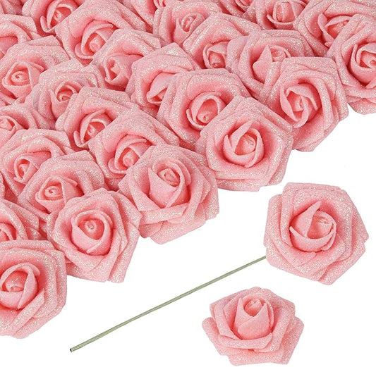 Glitter Roses Artificial Flowers 30 PCS Foam Roses 2.17 in Foam Flowers Glitter Flowers with Stem Fake Flowers for DIY Wedding Bridal Bouquet Party Centerpieces Decor(Peach)