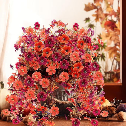 Outdoor Artificial Fall Flowers 6PCS, All Weather Fade Proof, UV Resistant Waterproof Realistic Faux Silk Mums Daisies Orange & Brown for Hanging Planters Porch Patio Balcony Deck Fence Garden Decor