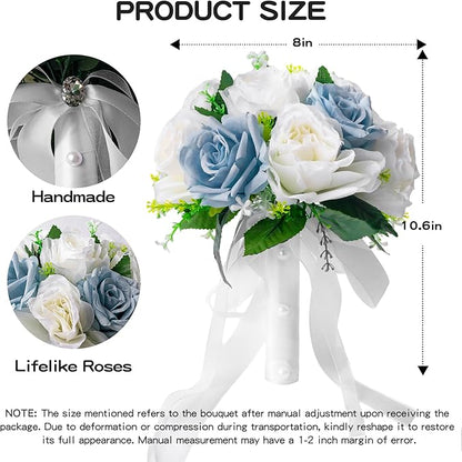 Wedding Bouquets for Bride - Realistic Silk Flowers Artificial Roses, 8 Inch Bridesmaid Bouquet for Ceremony, Church, Anniversary, and Home Decoration (White & Blue)