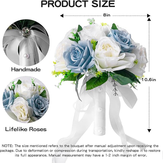 Wedding Bouquets for Bride - Realistic Silk Flowers Artificial Roses, 8 Inch Bridesmaid Bouquet for Ceremony, Church, Anniversary, and Home Decoration (White & Blue)