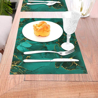 Turquoise Marble Decorative Placemats Set of 4, Emerald Dark Green Table Mats for Kitchen Holiday Party Modern Farmhouse Home Decor 12x18 Inch