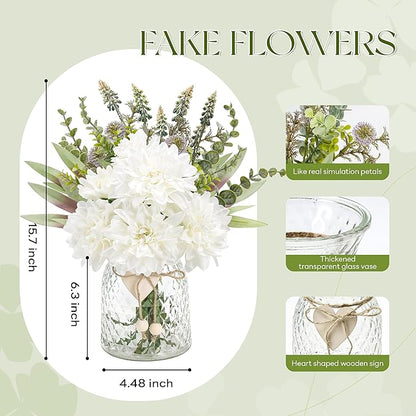 Der Rose Fake Flowers in Vase Silk Artificial White Flowers Arrangements with Glass Vase for Dinning Coffee Table Centerpieces Home Kitchen Farmhouse Wedding Decor