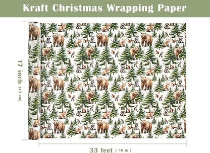 WRAPAHOLIC Kraft Christmas Wrapping Paper - Mini Roll - 17 Inch x 33 Feet - White Wild Animal Winterfall Watercolor and Christmas Tree Wrapping Paper Perfect for Holiday, Party