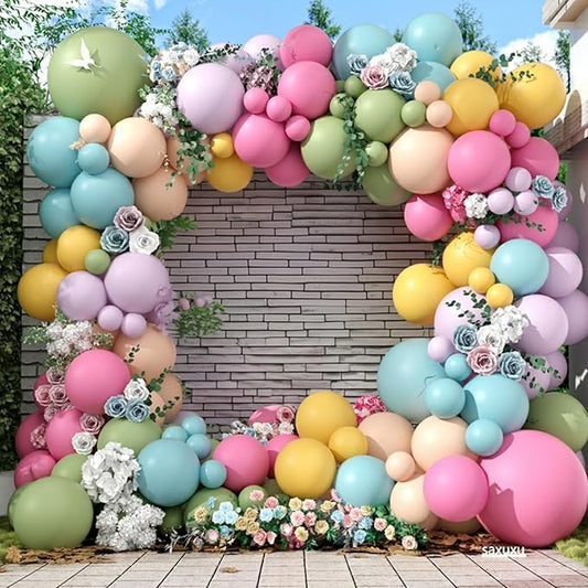Flower Balloon Arch Kit, 122Pcs Hot Pink Pastel Blue Dusty Green Macaron Orange Lavender Purple Yellow Matte Balloons for Girls Floral-themed Party Boho Baby Shower Wedding Birthday Decorations