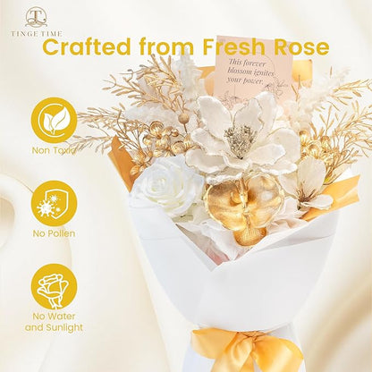 TINGE TIME White Gold Artificial Flowers Bouquet, Platinum Gift Bouquet for Women, Eternal Fake Flower Gift for Christmas Anniversary Birthday Home Décor (White & Gold)