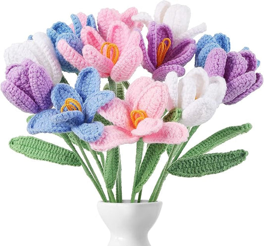 YOUNGJOY Crochet Rose 12 Pcs Handmade Knitted Flowers Tulip Sunflower Daisy Heart Artificial Knitted Floral Mother Day Graduation Home Decor(Tulip A)