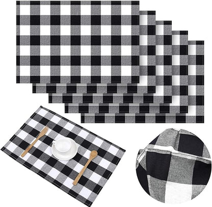 Aneco 6 Pack Buffalo Plaid Placemats Place Mats PVC Plastic Check Black and White Placemat Table Mats 12 x 18 Inches Decorative Kitchen Table Placemats, Black and White