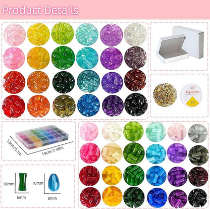 REVKI 1200pcs Glass Beads Bracelet Making Kit, 48 Colors Crystal Beads for Jewelry Making,Strange Shaped Glass Beads for Bracelets and DIY Crafts(Teardrop and Bamboo)