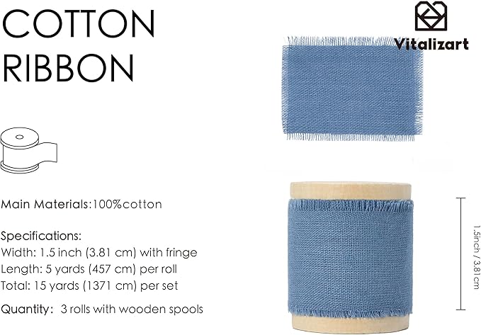 Vitalizart Dusty Blue Ribbon 1-1/2" x 15 Yd 100% Cotton Handmade Frayed Fringe Fabric Ribbons for Gift Wrapping Wedding Invites Bridal Shower Bouquets Christmas Decorations