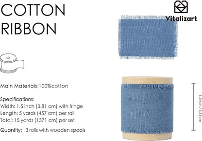 Vitalizart Dusty Blue Ribbon 1-1/2" x 15 Yd 100% Cotton Handmade Frayed Fringe Fabric Ribbons for Gift Wrapping Wedding Invites Bridal Shower Bouquets Christmas Decorations