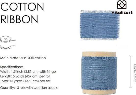 Vitalizart Dusty Blue Ribbon 1-1/2" x 15 Yd 100% Cotton Handmade Frayed Fringe Fabric Ribbons for Gift Wrapping Wedding Invites Bridal Shower Bouquets Christmas Decorations