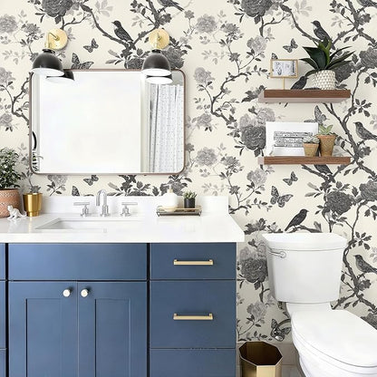 Vintage Peel and Stick Floral Bird Contact Paper Butterfly Removable Botanical Leaf Tree Wallpaper 17.7" x 118.11" Wall Paper Sketch Self Adhesive for Classroom Bedroom Laundry Room Bathroom