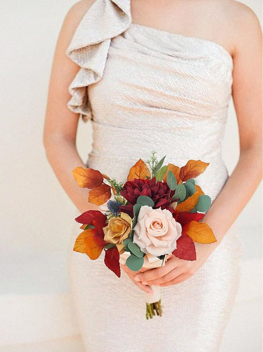 Rinlong 1Pc Bridesmaids Bouquet Fall Wedding Bouquets for Bridesmaid Terracotta Artificial Flowers Burnt Orange Silk Bouquet for Wedding